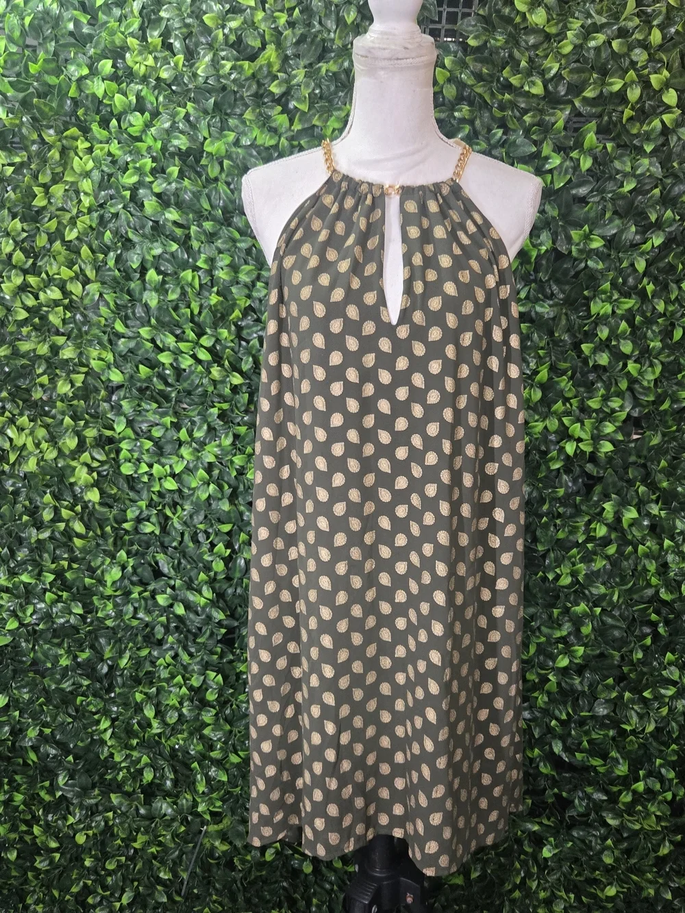 Michael Kors Olive Green Halter High-Low Dress with Gold Dot Print